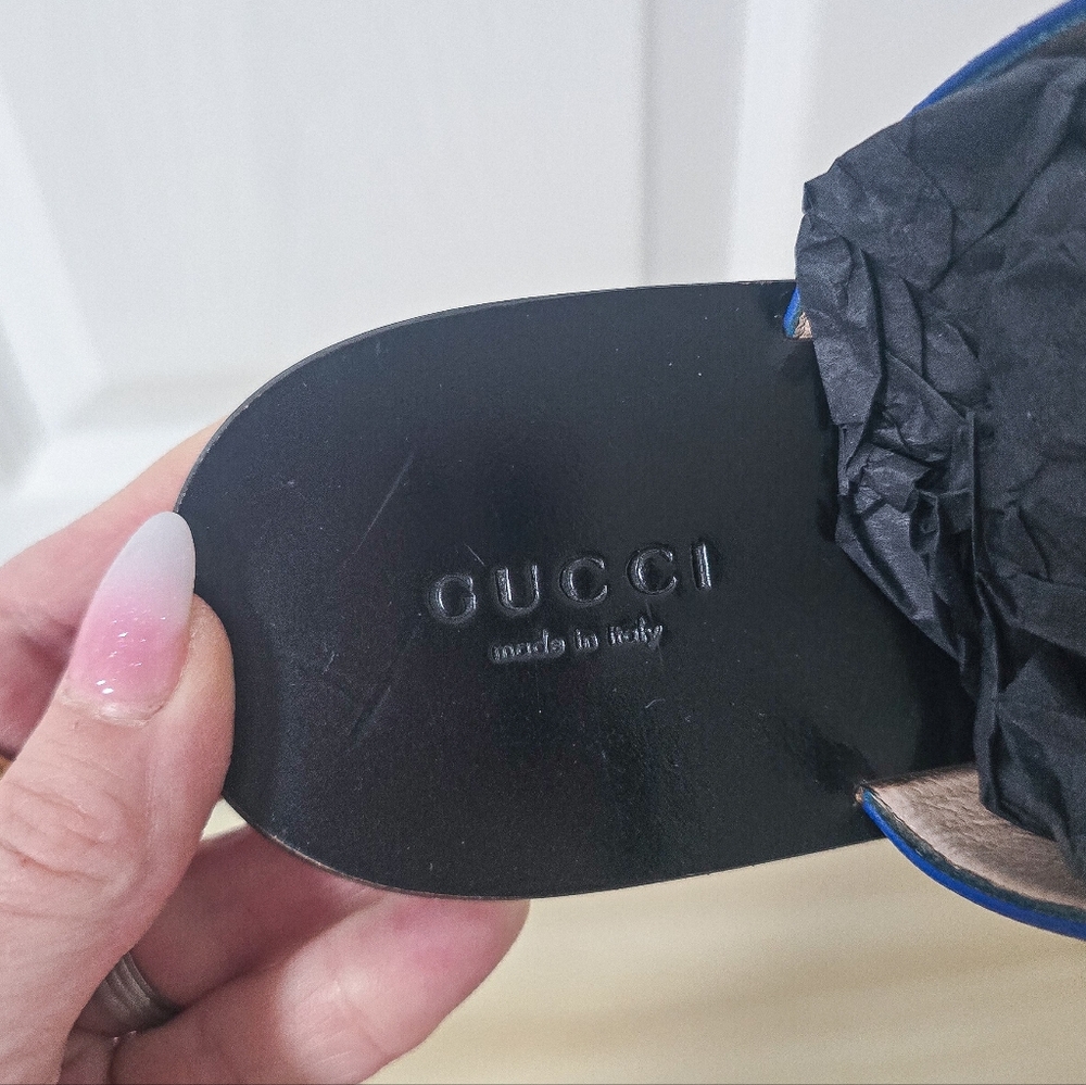 Gucci GG Marmont Calfskin Leather Thong Sandals In Electric Blue Size 37 - Picture 4 of 14